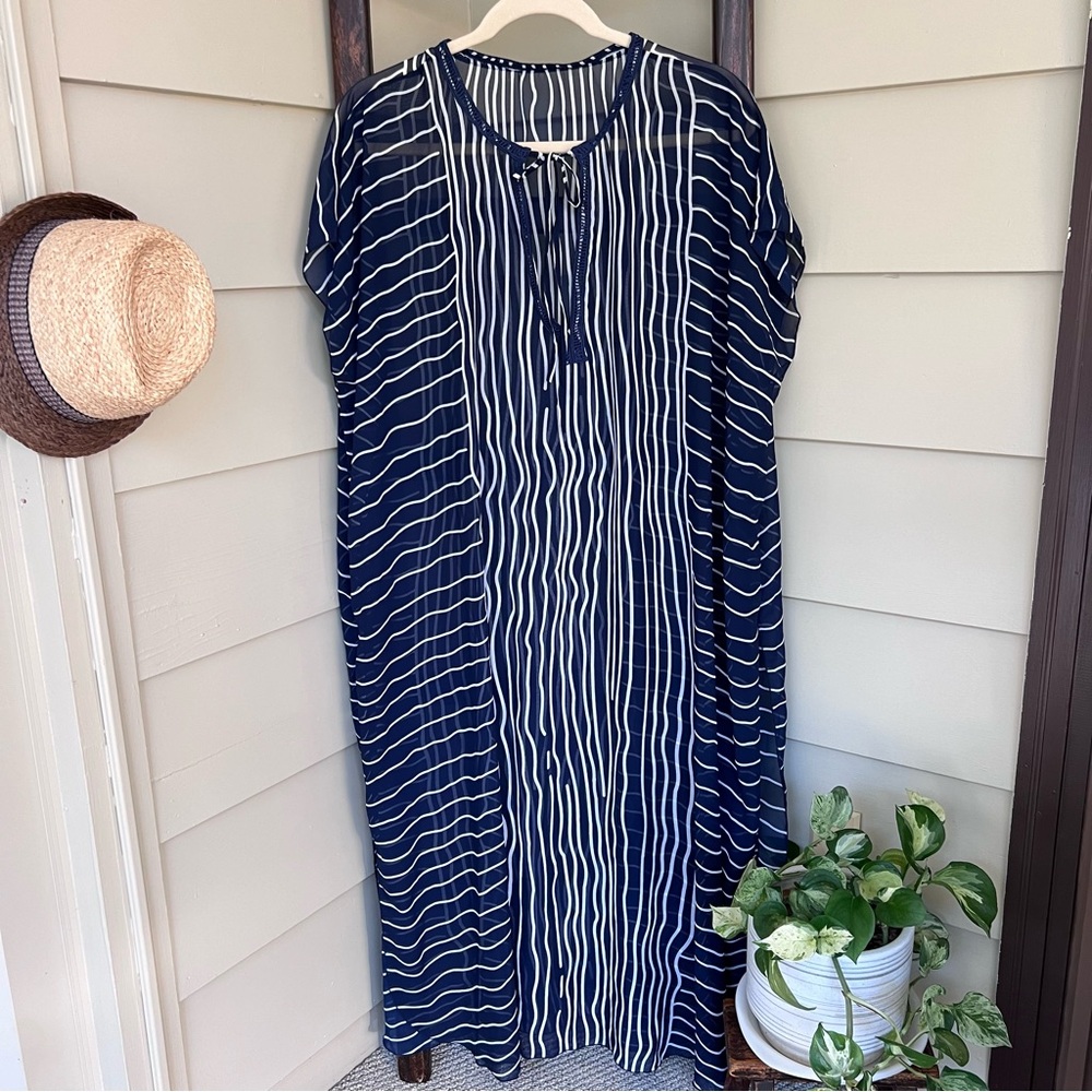 Sheer Beach Cover-Up Swimsuit Woman’s Maxi Stripes Blue White One Size